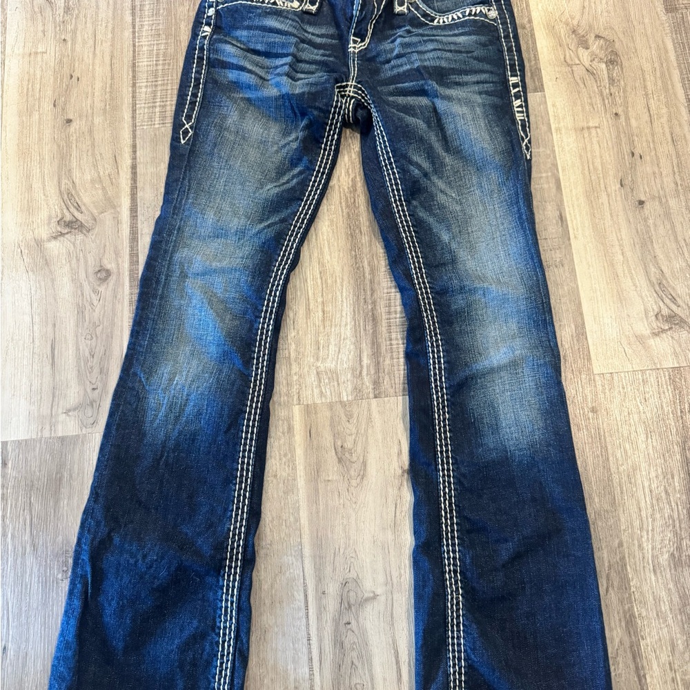 Women’s Rock Revival Dark Blue Jenna Boot Cut Jeans Size 26 w Heavy Stitching